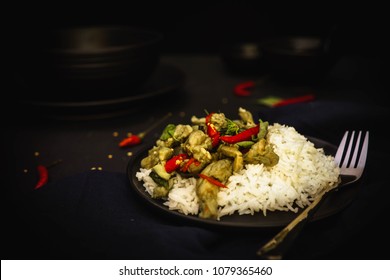 Thai Traditional Foods, Green Curry, Spicy Food With Rice, Dark Food Photography