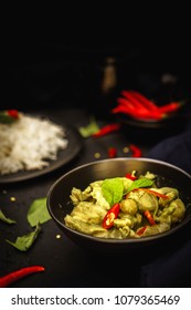 Thai Traditional Foods, Green Curry, Spicy Food With Rice, Dark Food Photography