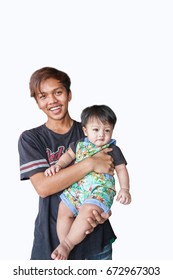 Thai Uncle With Thai Nephew In Isolated White Background