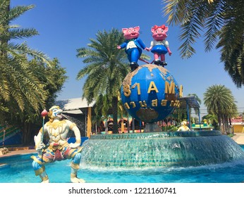 Thailand - 03 September 2018 : Siam Park City, Mascot And Waterfall At Entrance Of Siam Park City, Bangkok Thailand.