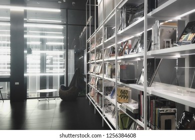 Thailand - 11 December 2018 : Big Resources Of Creative Books On Book Shelf At Thailand Creative Design Center, Bangkok Thailand.