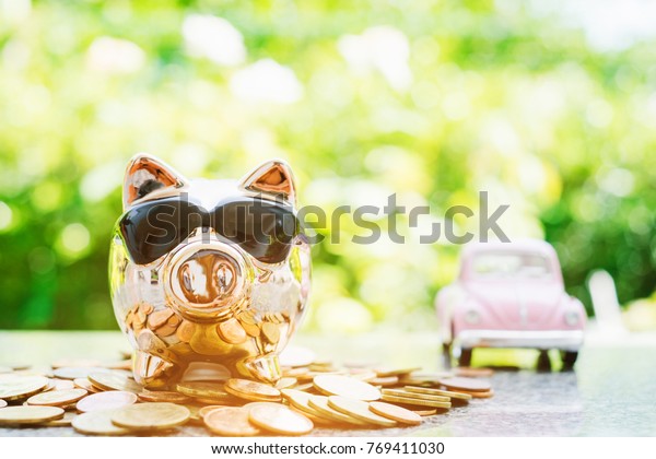 Thailand : 12 August 2017 : Cute piggy bank\
with gold coin and pink car with green bokeh background.Buy car,\
down payment , installments, pay off\
concept.