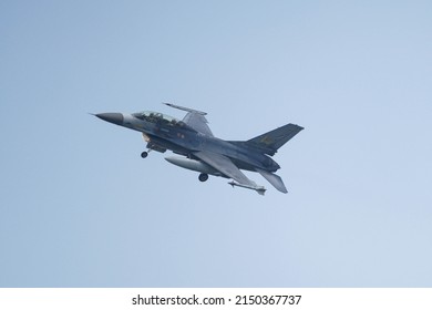 Thailand - 16th March 2022 : Royal Thai Air Force (RTAF) F-16 jet fighter landing at Korat airbase during the Cope Tiger Exercise 2022 in Thailand.
