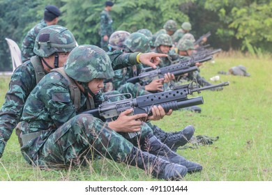 Thailand: 22 September  2016, Infantrymen, Trained To Shoot A Rifle, Tactical Maneuvers, Camp Si Song Rak, Loei.