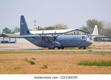 Thailand - 3rd March 2020 : United States Air Force (USAF) C-130J Super Hercules from the 374th Airlift Wing (Yokota Air Base) landing at Korat airbase.