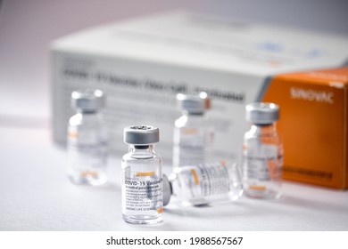 Thailand - 7 June , 2021 Close Up Of Empty Sinovac Vaccine Vials Bottles Aka Coronavac,(Vero Cell) Inactivated With The Box. 