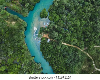 Thailand Aerial Landscape, Drone View Of River In Green Tropical Forest, Beautiful Nature Scenery Of Jungle Wilderness