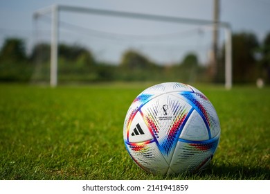 Thailand - April 2022 : Adidas launch the official match ball for Qatar FIFA World Cup 2022 as name "AL RIHLA" which is mean "Journey" in English. Close-up and selective focus at the object.