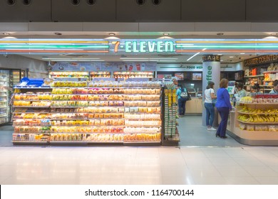 Thailand - AUG 25, 2018: Exterior View Of 7-Eleven Store In Suvarnabhumi Airport Terminal Thailand