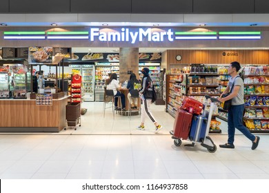 Thailand - AUG 25, 2018: Exterior View Of FamilyMart Store In Suvarnabhumi Airport Terminal Thailand