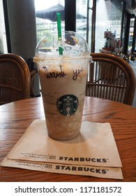 Thailand, Bangkok: Auguat 2018. Photo Of Starbucks Coffee With The Word - Thank You On The Cup 