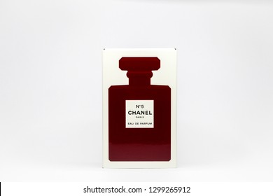 THAILAND , BANGKOK, JANUARY 30, 2019: Product Box Chanel Number 5 Perfume In Red Glass Bottle On White Background .