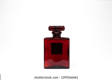 THAILAND , BANGKOK, JANUARY 30, 2019: Chanel Number 5 Perfume In Red Glass Bottle On White Background .