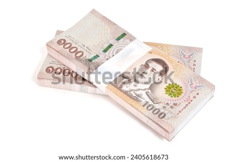 Thailand Bank Note 1000 Baht paper cash stacking 200000 Baht isolated on white background. This has clipping path.