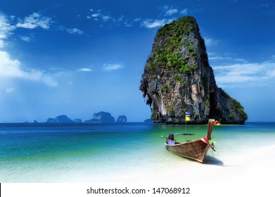 Thailand Beach On Tropical Island. Beautiful Travel Background Of Asia Coast