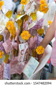 Thailand Culture Kathin Ceremony. Donation Merit Money Tree At Thai Buddhism Temple.