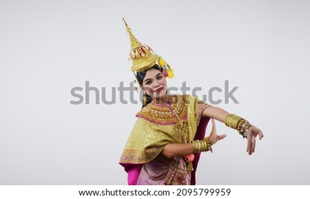 Thailand Dancing in masked khon Benjakai isolated over background. Thai art with a unique costume and dance.