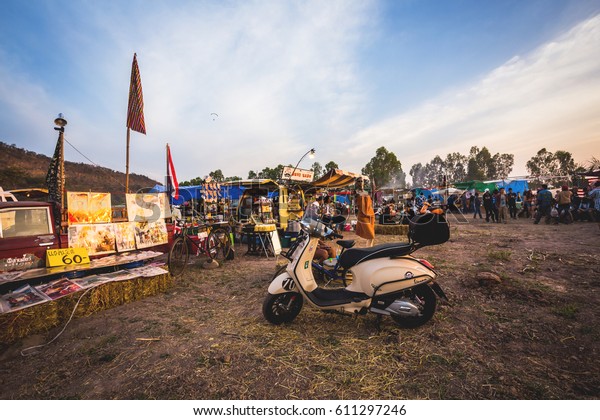 THAILAND -JANUARY 2017 :  Vespa\
scooters Parking in outdoor  music Festival  in Konh-Kean\
Thailand.