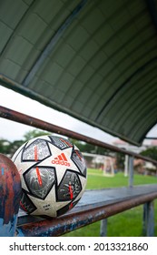 Thailand - July 2021 : Adidas Official Match Ball For Uefa Champions League Final Round In 2020-2021 Season Is Placed On The Bench At Football Training Ground. Close-up And Selective Focus.