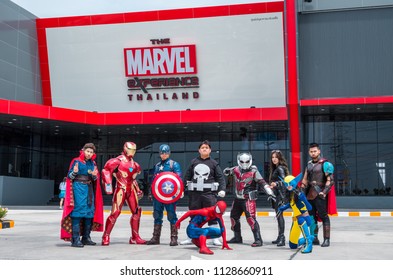 Thailand - JULY 7, 2018 : Cosplayer Group Are Act In Front Of The Marvel Experience Thailand That Is Themed Entertainment Attraction And Now Is Opening At Megabangna, Samut Prakan, Thailand.