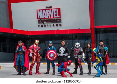 Thailand - JULY 7, 2018 : Cosplayer Group Are Act In Front Of The Marvel Experience Thailand That Is Themed Entertainment Attraction And Now Is Opening At Megabangna, Samut Prakan, Thailand.