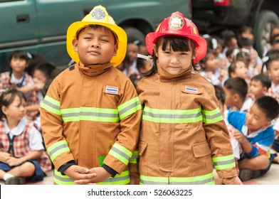 Thailand - july  7: Kid firefighters (Fire Safety For Kids in school) on JULY 7, 2016 in Chonburi school, Thailand