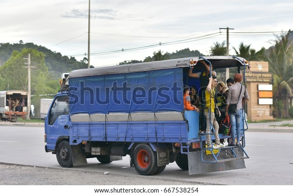 Thailand, June 26, 2017 : Cambodian foreign\
workers prepare to travel by shuttle bus In order to work at an\
industrial estate.