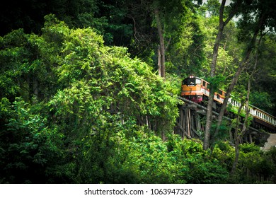 THAILAND KANJANABURI  07-April 2018 : Train on Death Railway over the River Kwai in Kanchanaburi, Thailand.