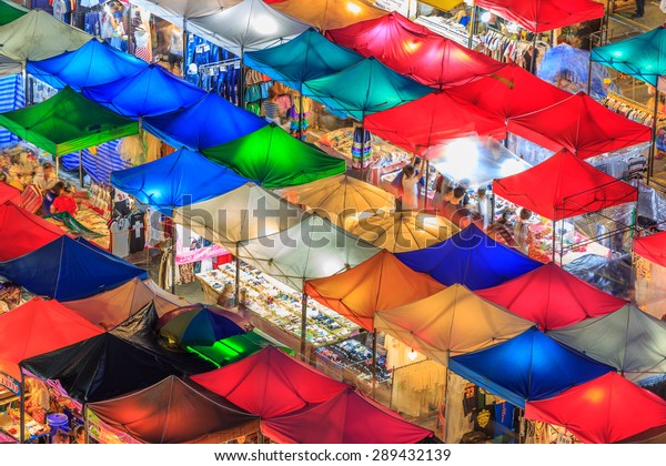 Thailand night market, street night\
market Colourful and beauty of night market, Aerial view of Talad\
Rod Fai Night Market, Ratchada, Bangkok, Thailand\
