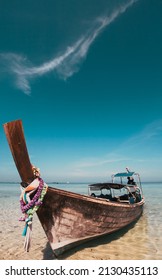 Thailand Ocean Landscape. Exotic Beach View And Traditional Ship