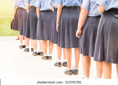 Thailand Secondary Education Girl Students Are Standing In Line In High School With Uniform, Asian Education