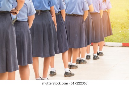 Thailand secondary education girl students are standing in line in high school with uniform, Asian education