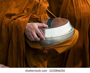 Thailand Theravada Monk Samanen Holding A Patta Bowl During Pindapatta