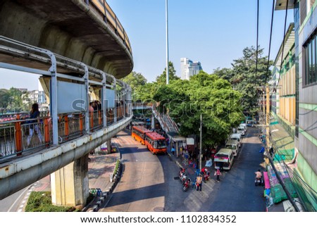 Thailand, Vitory monument transport hub - buses depart, in Ratchathewi District, northeast of central Bangkok, at the center of a traffic circle.