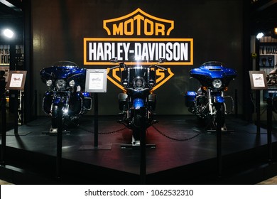 Thailand,Bangkok - 31 March 2018 : The Harley Davidson motorcycles booth display at the 39th BANGKOK INTERNATIONAL MOTOR SHOW 2018