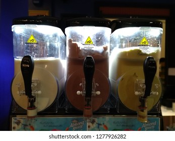 Thailand,BKK -September 2018 : Almona Bzeeze Brand Almond Milk Chiller, Milk, Chocolate Flavor, Banana Flavor, Arranged In Front Of The Store