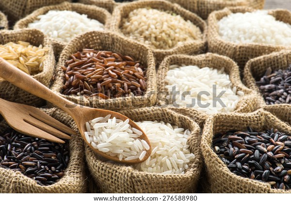 Thai\'s rice collection in\
burlap bag