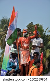 Thakurnagar, West Bengal, India, February, 02, 2019, Bharatiya Janata Party Supporters Waiting To Welcome Indian Prime Minister Narendra Damodardas Modi In Thakurnagar With Indian Flag Bare Body Paint