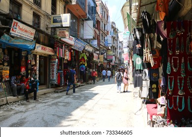 THAMEL, KATHMANDU NEPAL SEPT 11, 2017: Street Of Thamel, A Commercial Neighbourhood In Kathmandu, The Capital Of Nepal Has Been The Centre Of The Tourist Industry For Over Four Decades.
