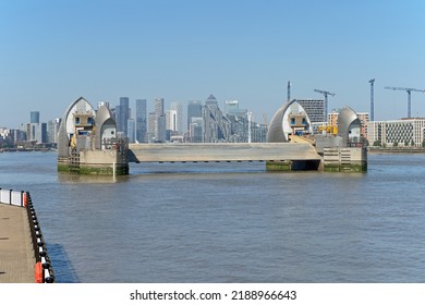 The Thames Barrier, London's Flood Defence System On A Clear Sunny Day At High Tide. London - 11th August 2022