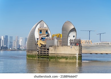 The Thames Barrier, London's Flood Defence System On A Clear Sunny Day At High Tide. London - 11th August 2022