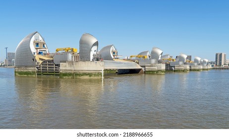 The Thames Barrier, London's Flood Defence System On A Clear Sunny Day At High Tide. London - 11th August 2022