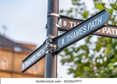 Thames Path Signs In Canary Wharf, London.