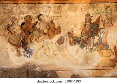 THANJAVUR, INDIA -JUL 31 :Ancient murals of the Chola period found on the walls of the Brihadeeswarar temple on July 31, 2012 in Thanjavur, India. The temple is one of the UNESCO World Heritage Sites
