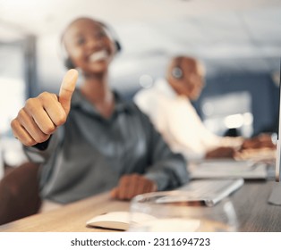 Thank you, African woman with thumbs up and headset at her workplace in a office for success. Congratulations or support, telemarketing or crm and call center agent with emoji hand for motivation - Powered by Shutterstock