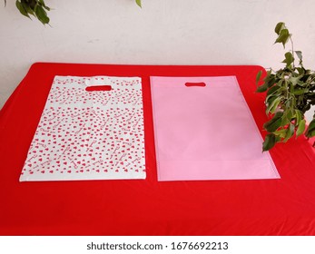 Thank You Bag With Pink Non Woven Shopping Bags On Red Background, Polypropylene Fabric Bag
