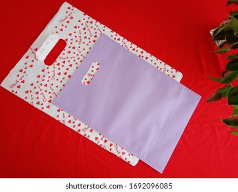 Thank You Bag With Purple Non Woven Shopping Bags On Red Background, Polypropylene Fabric Bag