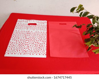 Thank You Bag With Red Non Woven Shopping Bags On Red Background, Polypropylene Fabric Bag
