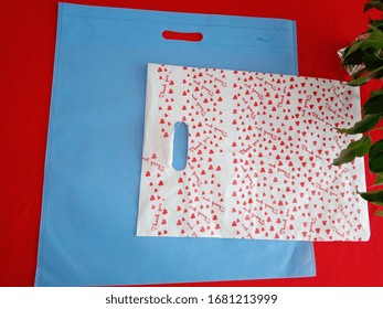 Thank You Bag With Royal Blue Non Woven Shopping Bags On Red Background, Polypropylene Fabric Bag