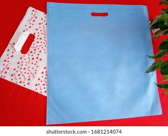 Thank You Bag With Royal Blue Non Woven Shopping Bags On Red Background, Polypropylene Fabric Bag